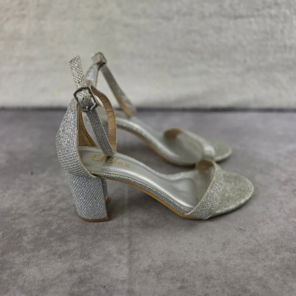 ElElax Womens Silver Glitter Block Heel Ankle Strap Sandals 6.5B(M)